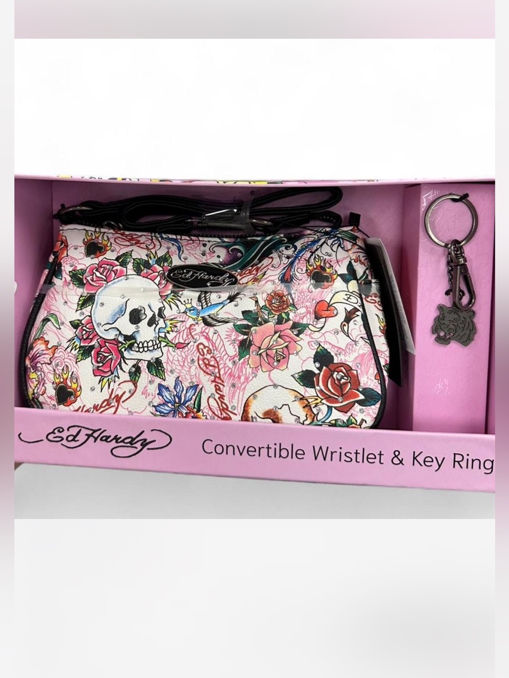 Ed Hardy Pink Skull & Rose Convertible Wristlet with Key Ring